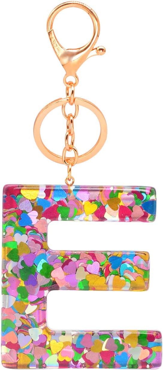 Gierzijia Colorful Heart Sequins A-Z Alphabet Resin Keychain for Women,Initial Letter Key Ring Accessories Bag Charms, E, One Size