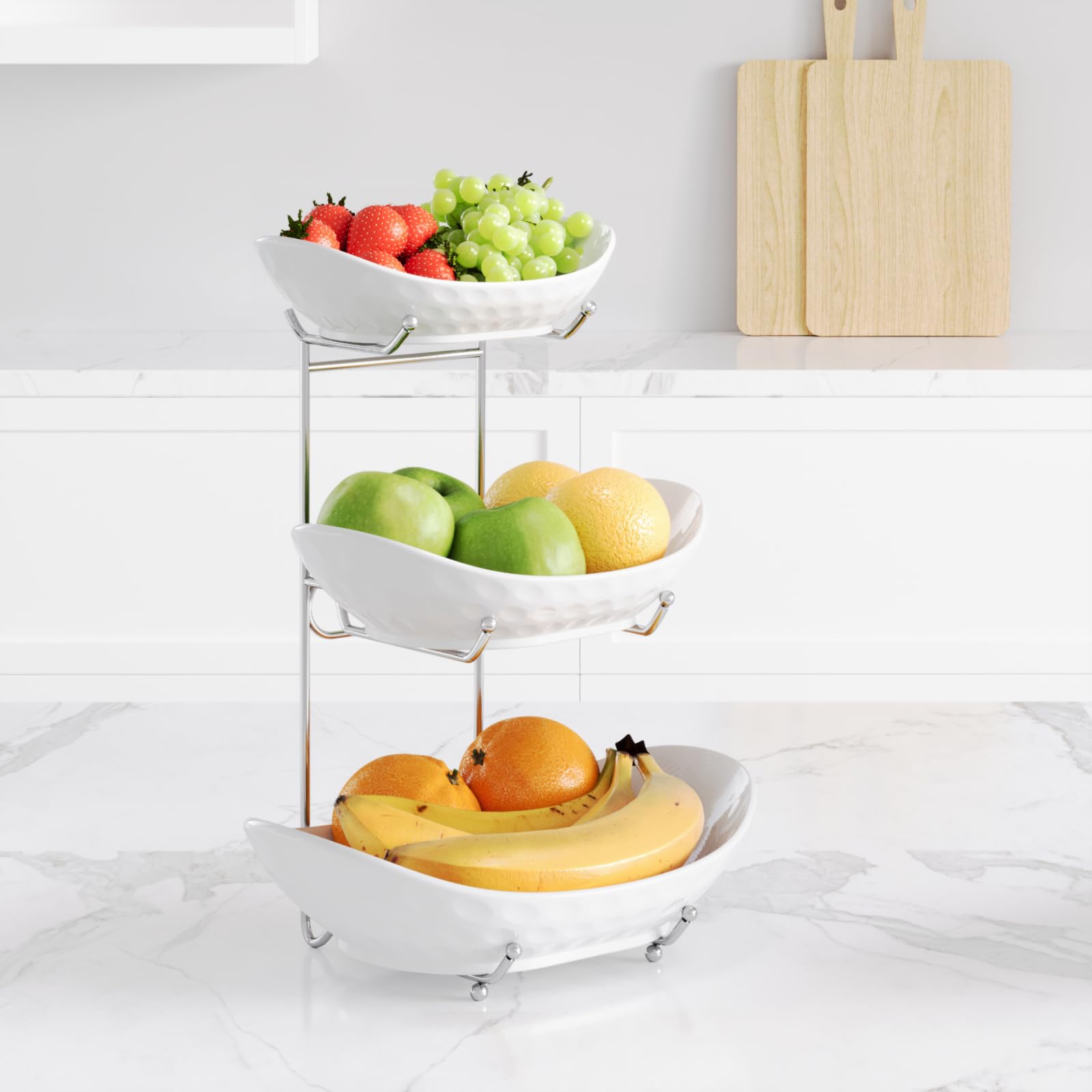 Cuenco de frutas, cesta de cerámica de 3 niveles, soporte para servir de 3 niveles con estante de metal, cuencos de cocina de porcelana para frutas, verduras, aperitivos, nueces, postres,