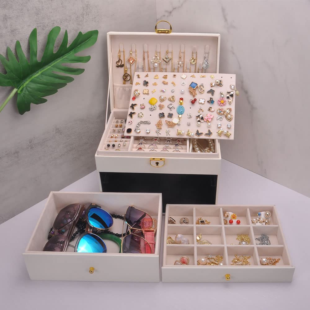 GYJOYERO Jewelry Box Women Girls Earrings Holder Necklace Hooks PVC Leather Jewelry Organizer Rings Storage Case Lockable Ear Stud Card Sunglasses Watches Drawers GY307 (White)