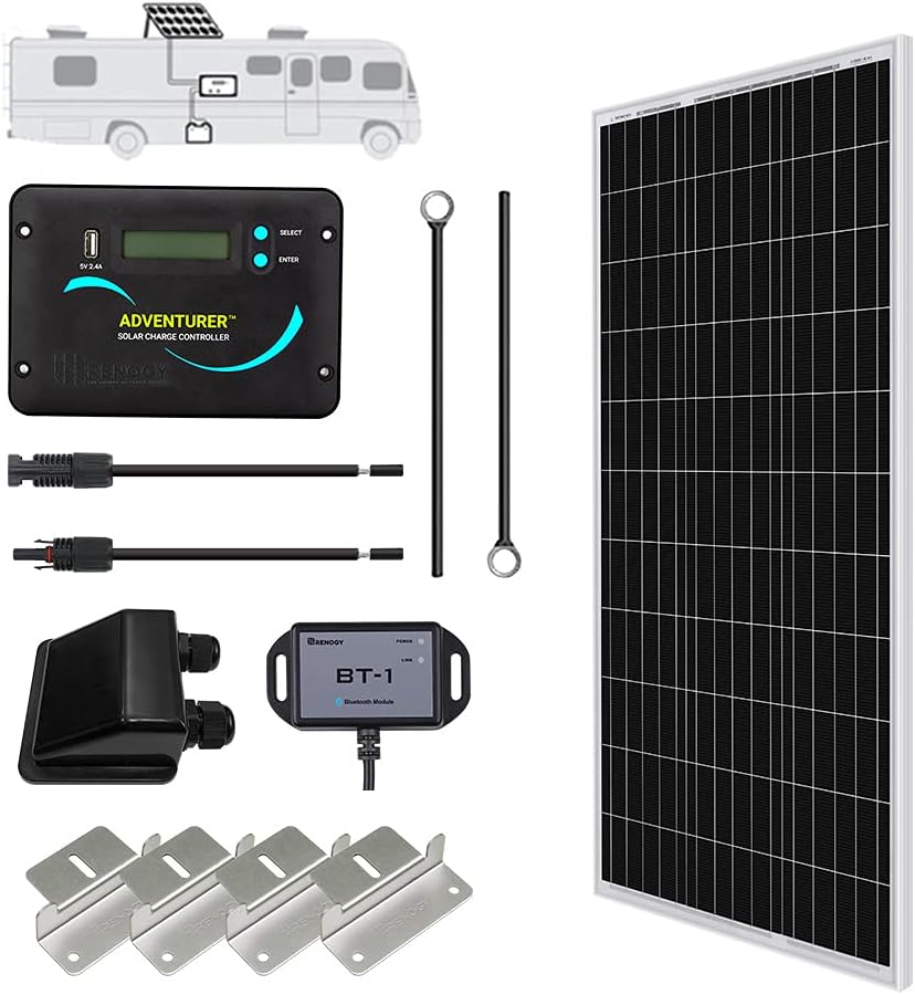 Amazon Com Renogy 100 Watts 12 Volts Monocrystalline Solar Rv Kit Off Grid Kit With Adventurer 30a Pwm Lcd Charge Controller Mounting Brackets Male And Female Connectors Solar Cables Cable Entry Housing Patio Lawn