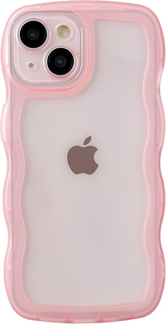 Caseative for iPhone 15 Case,Solid Color Curly Wave Frame Clear Soft Phone Case Pink,15
