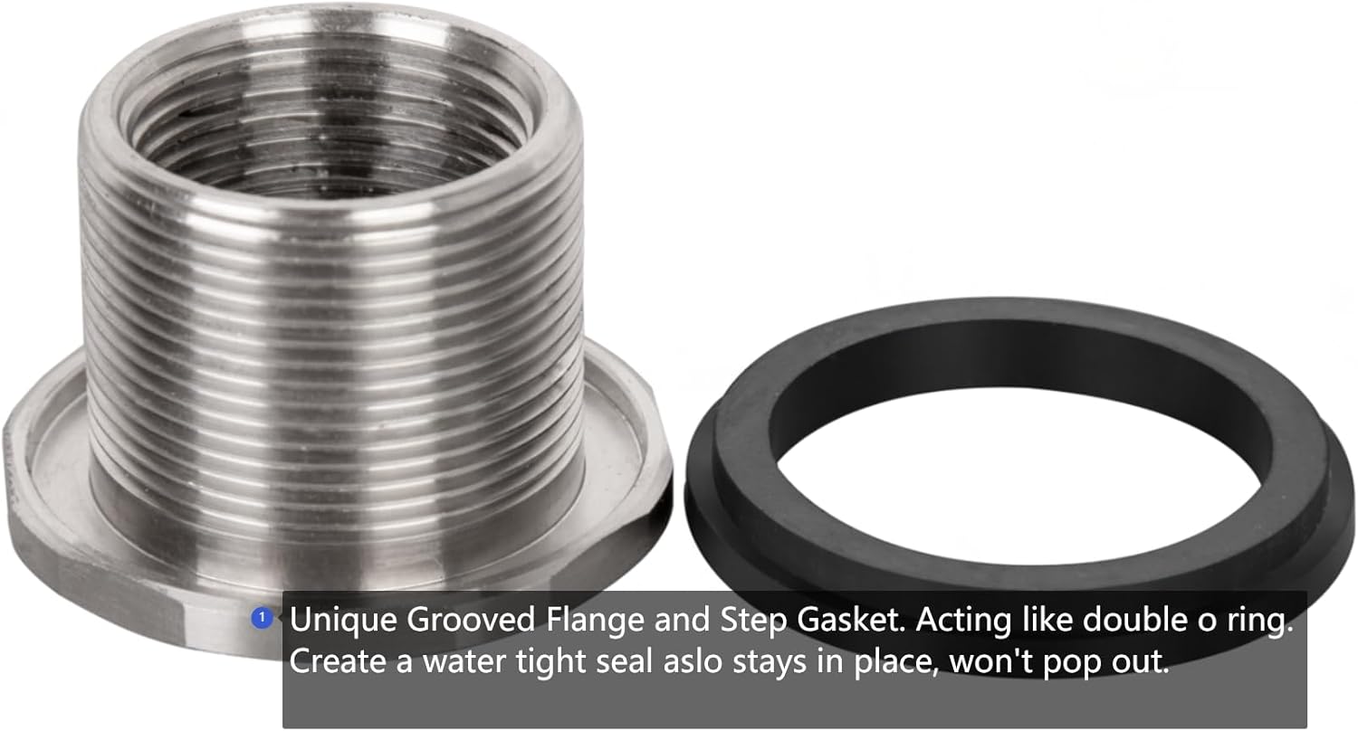 SSBF010 Stainless Steel Bulkhead Fitting (Female 3/4" NPT/FIP, Left Handed Nut, w/Step Gasket) (2 pack)