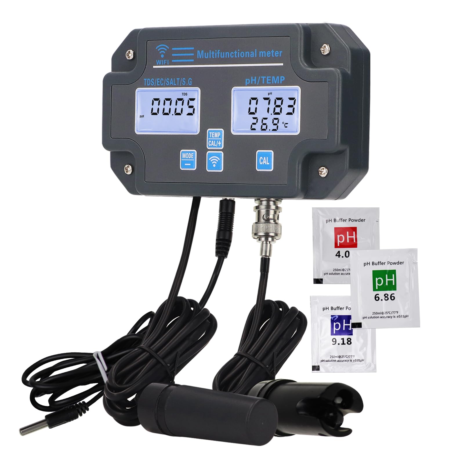 Probador inteligente de calidad del agua 6 en 1 con monitoreo Wi-Fi, pH, EC, TDS, sal, SG, temperatura, controlado por aplicación, alertas en tiempo real, calibración, diseño de ahorro de espacio para