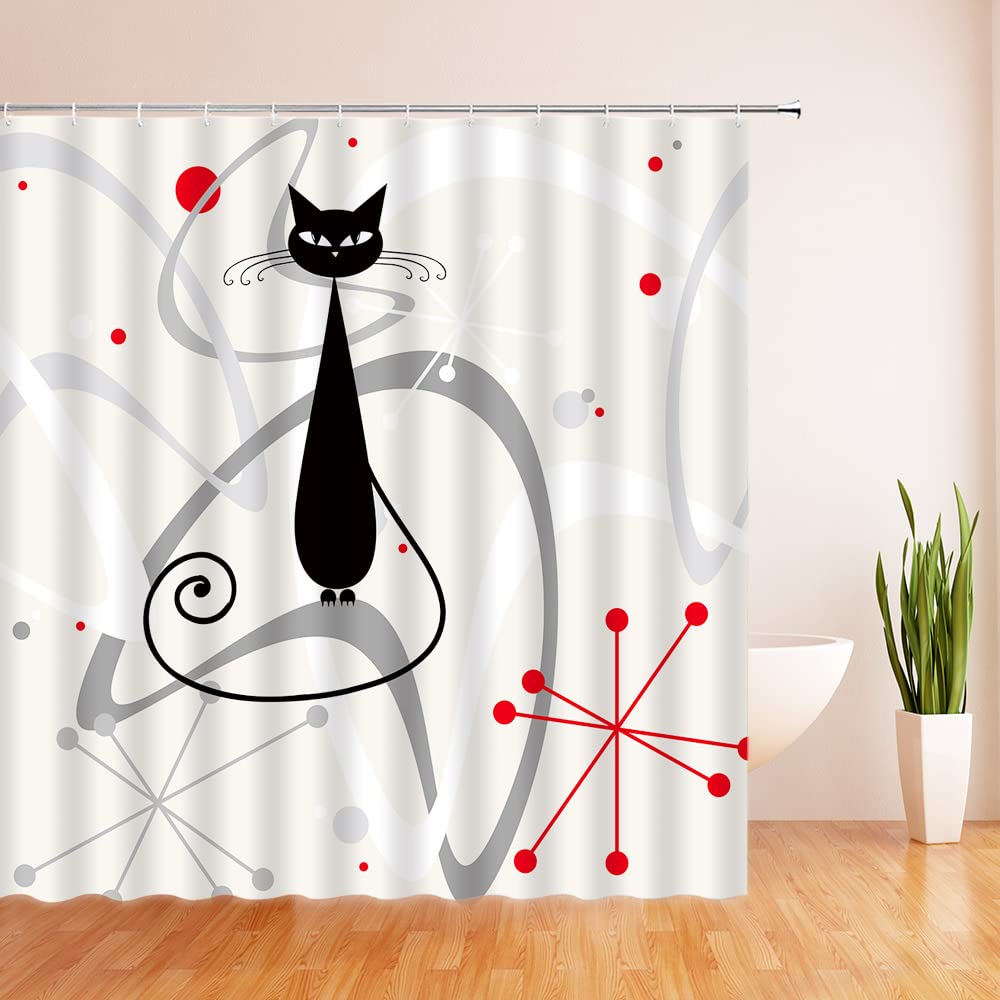 Amazon｜ミッドセンチュリー モダン シャワーカーテン 面白い黒猫 スターバースト アトミックスター レトロ 1950年代 1960年代  ミニマリスト 美的 幾何学模様 水玉 ヴィンテージ クリエイティブ アート 装飾 ファブリック バスカーテン フック付き｜シャワーカーテン ..., image size:1000x1000
