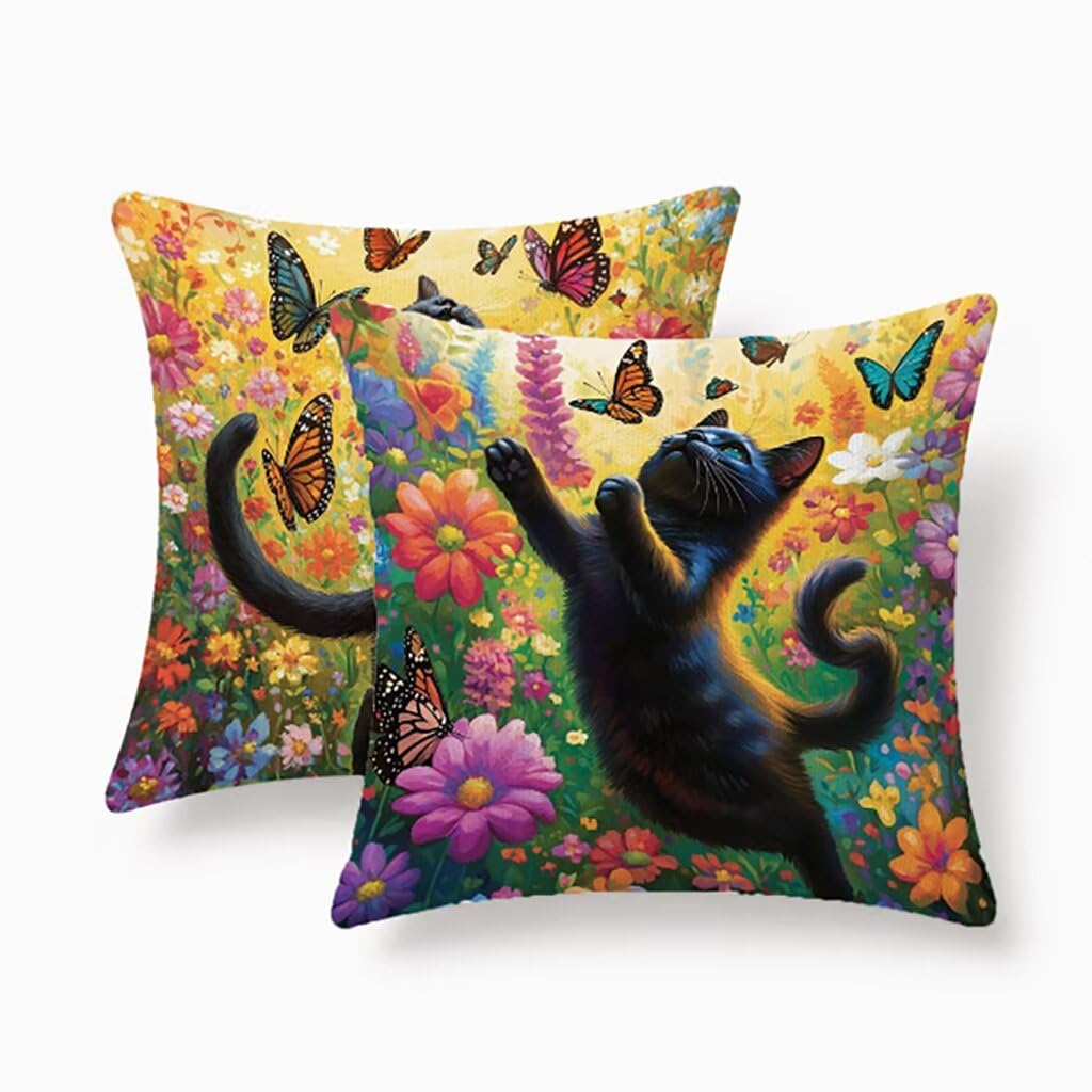 Housses de coussin 55x55cm lot de 2 lin coussin extérieur imperméable chat papillon sans tache