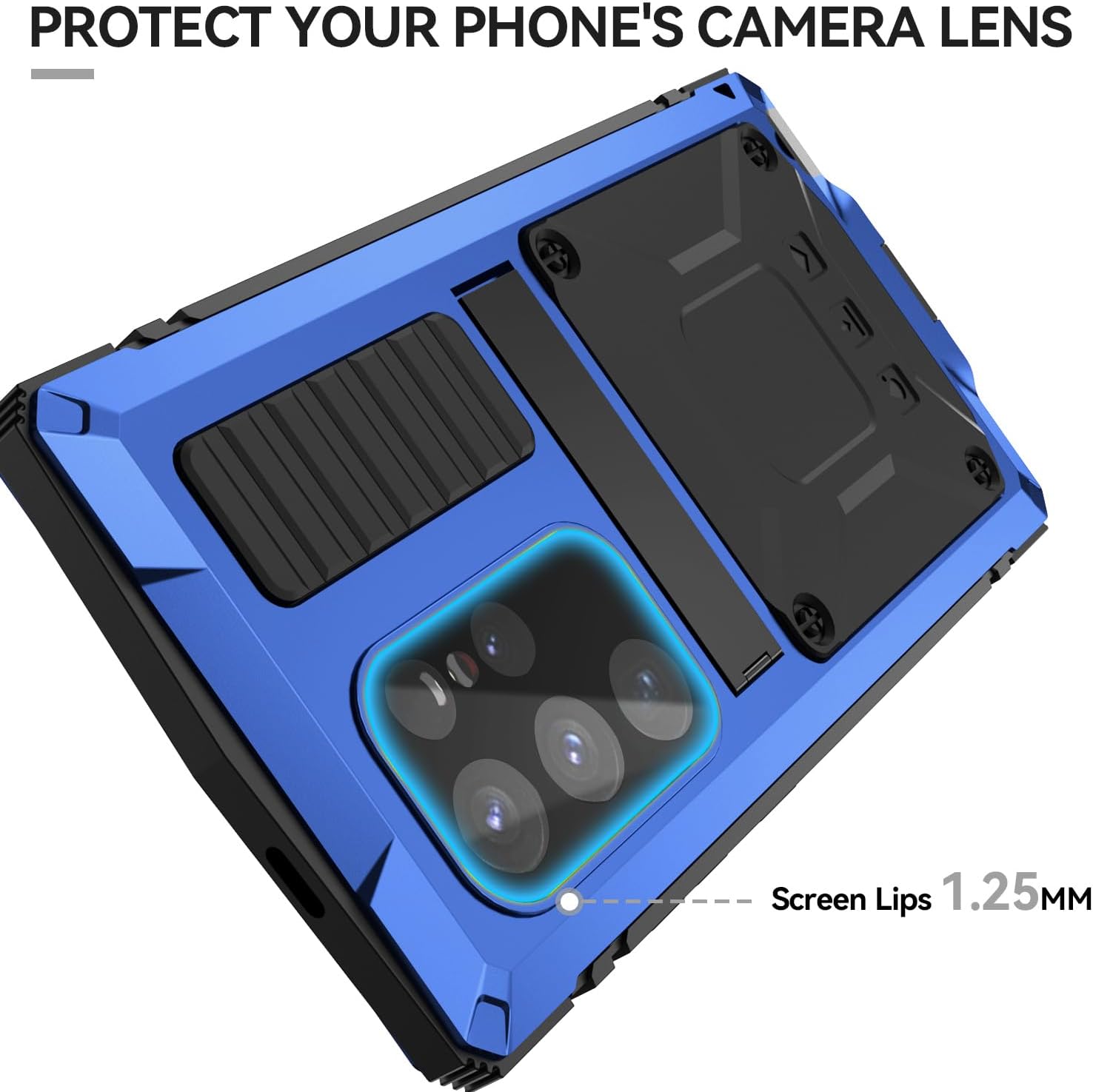 Simicoo Compatible with Samsung Galaxy S25 Plus Metal Bumper Case with Stand Screen Protector Camera Cover Hybrid Durable Metallic Military Dust Proof Heavy Duty Full Body Man (Blue)