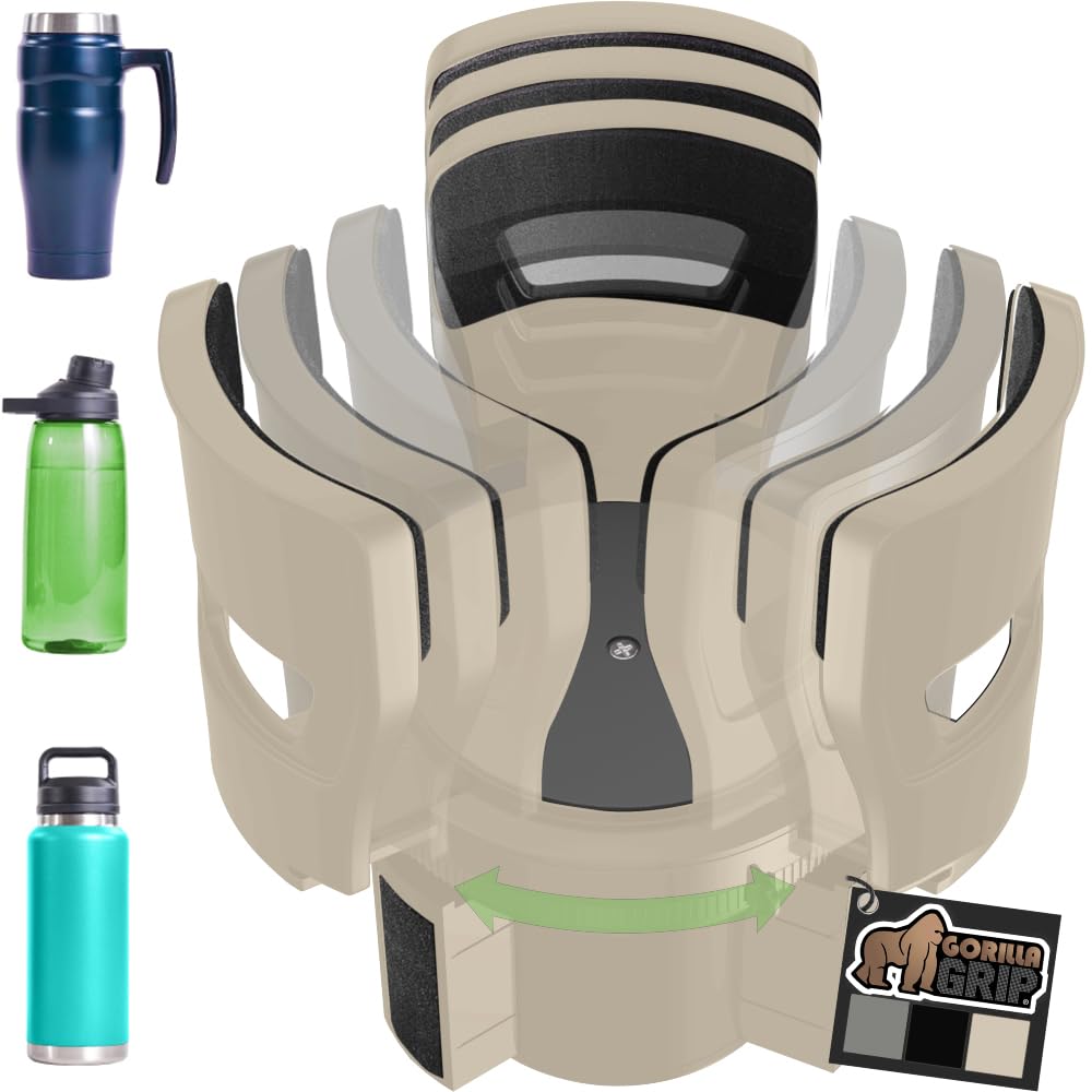 GORILLA GRIP Expansor de portavasos para automóvil con patente en trámite Mantiene seguros los vasos grandes para bebidas Se expande Se adapta a Yeti HydroFlask Stanley Botellas de agua grandes de 18 a 48 oz Inserto de brazos ajustables para taza de café Color canela