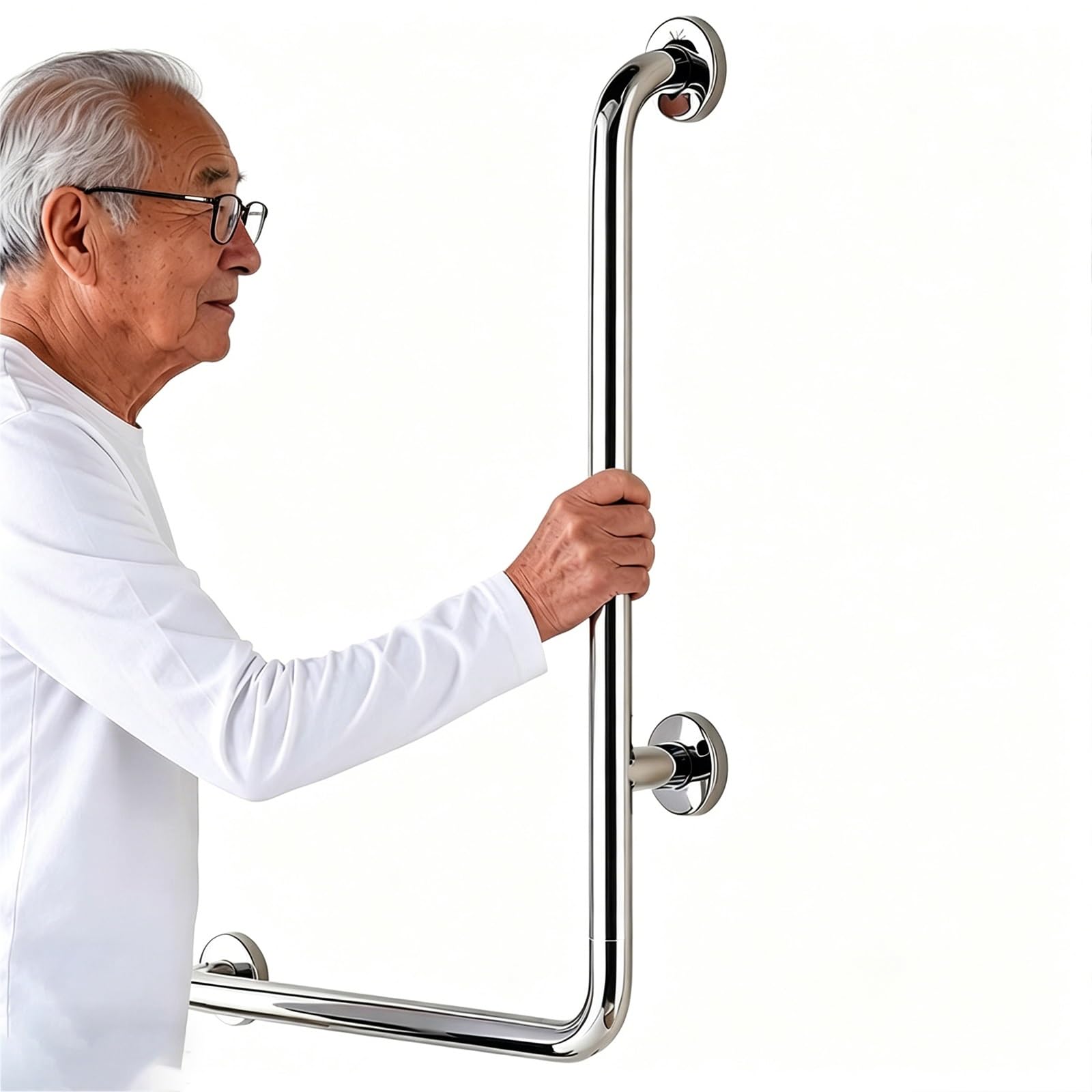 Barre d'appui pour WC et douche en L, poignée sécurité inox 50x70 cm