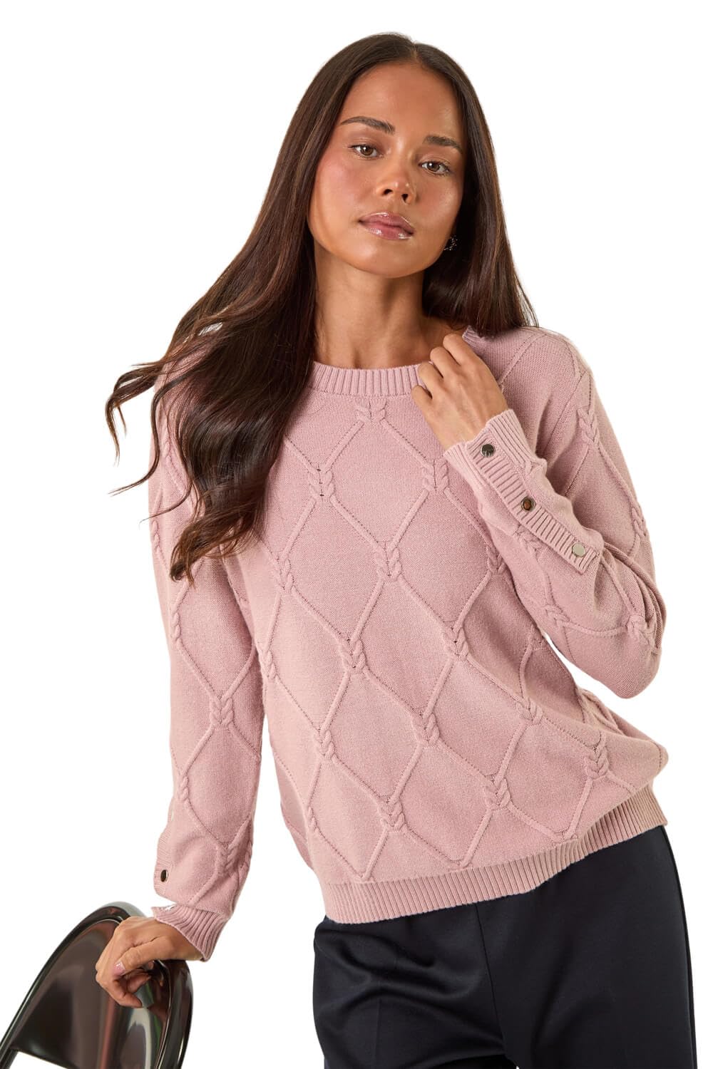 Roman Petite Button Cuff Knit Jumper for Women UK - Ladies Everyday Autumn Winter Round Neckline Comfy Soft Evening Vacation Work Party Night Out - Petite Light Pink - Size 12