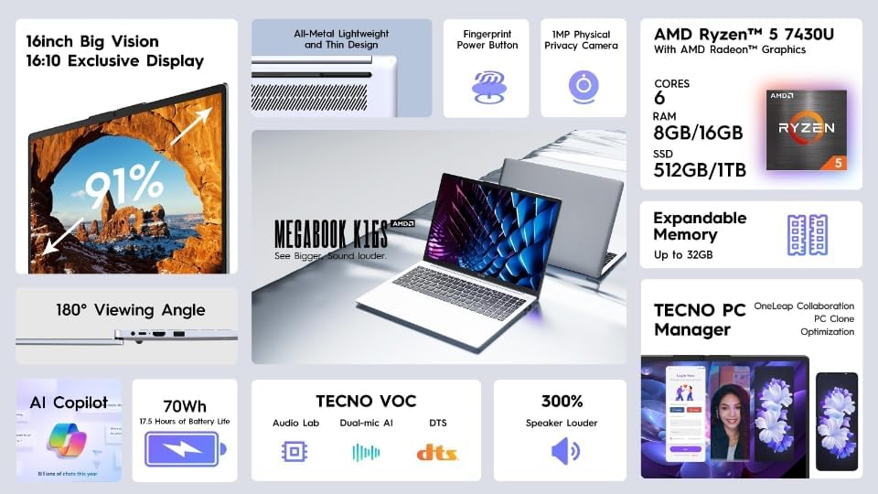 Detailed view of the Tecno Mobile MEGABOOK K16S keyboard and touchpad