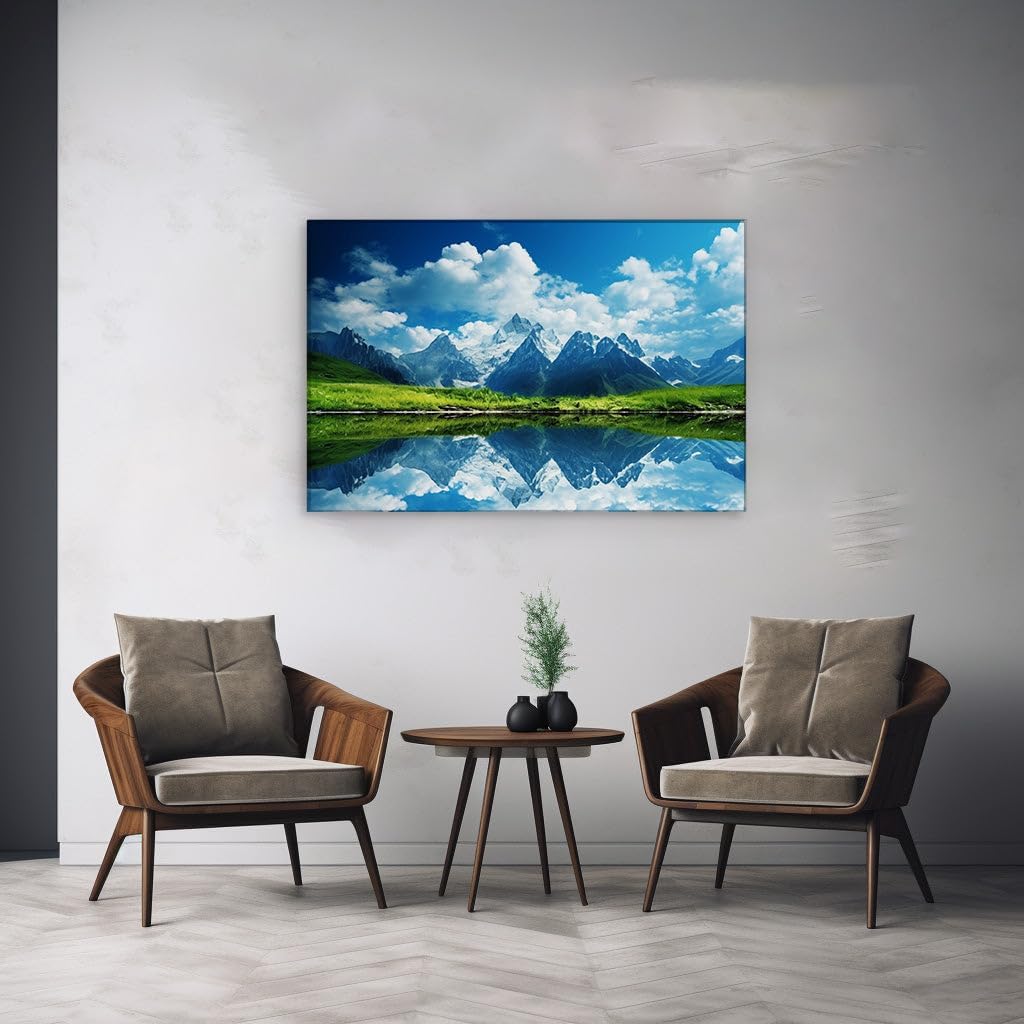 Canvas for Living room. Majestic Peaks and Pristine Reflections � Discover Tranquility Amidst Nature's Grandeur, 27 x 18 inch Canvas Wall Art - Contemporary Masterpieces - Modern Home Decor