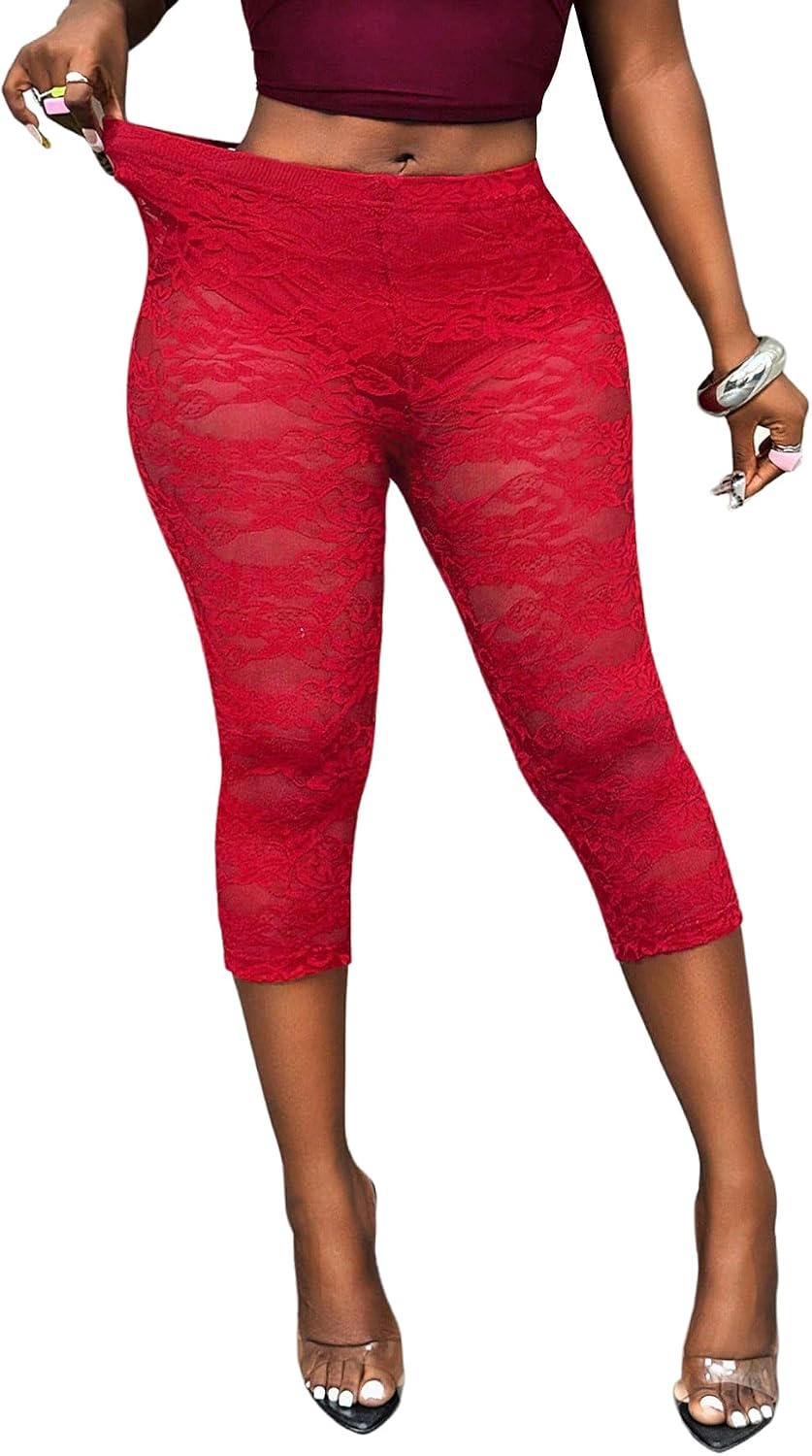 Milumia Women's Lace Capri Leggings High Waist See Through Cropped Pants