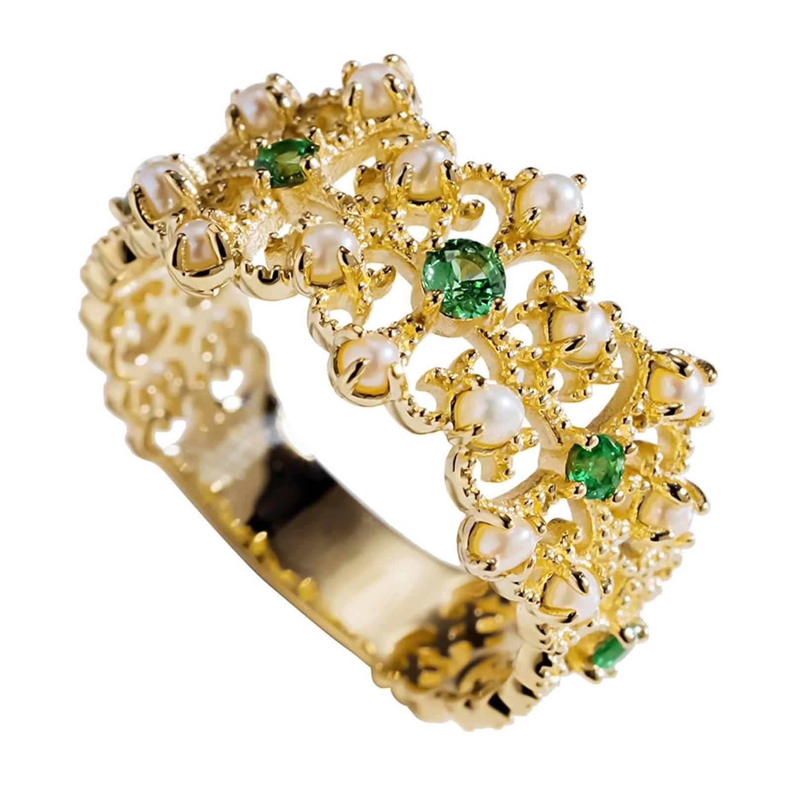 Anelli Fidanzamento Donna, Anello in Oro Giallo da Donna Fiore Cavo con tsavorite e Perle