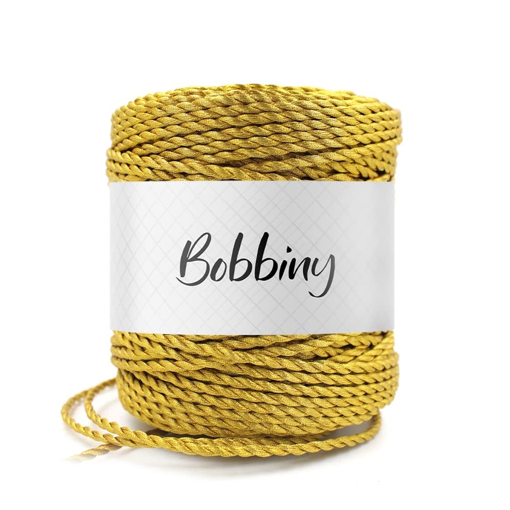 Bobbiny | 3 Ply Twisted Macrame Cotton Cord Dori (Roll Packaging) Thread for Macrame DIY and Other Projects | Metallic Golden | 4mm,100 Meter