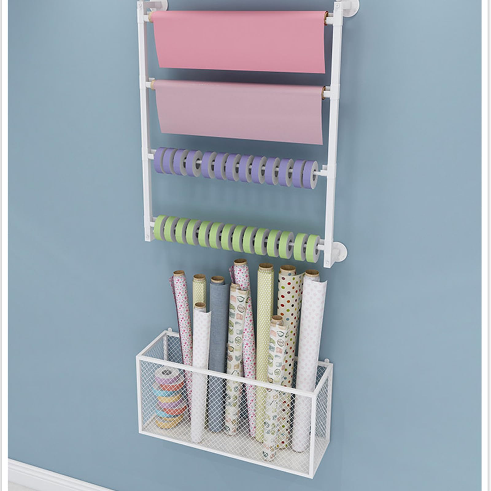 Organizer da parete per carta da regalo, in rete metallica, dispenser per nastro adesivo, per rotoli di carta regalo, artigianato, casa, ufficio (70 cm di larghezza, bianco)
