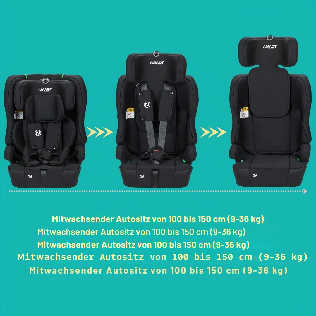 Nania Kindersitz Rio I-size 76-150 cm, Gruppe 1/2/3 von 9 bis 36 kg, 15 Monate bis 12 Jahre, verstellbare Kopfstütze, 5-Punkt-Sicherheitsgurt, abnehmbarer Bezug, Befestigung mit Gürtel (Rio)