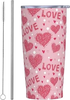 Pink Hearts Tumbler 20 oz Sweet Love Mug with Lid and Straw Cute Red Heart Coffee Cup Valentine Theme Travel Tumblers for Gym Hiking Water Bottle Valentine's Day Birthday Presents for Women