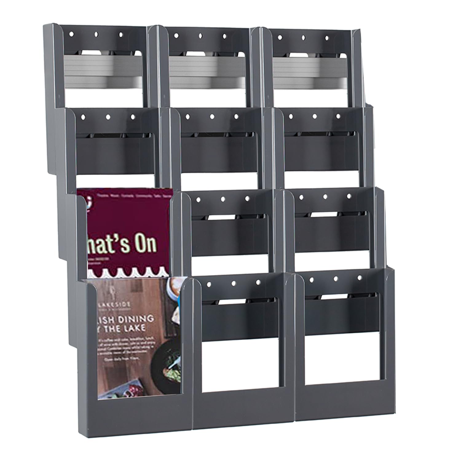 Wonderwall Expanda-stand Leaflet Holder A5 | Brochure Display Dispenser | Wall Mounted | Rail System | Coloured 12 x A5 pockets | Ideal for Reception Areas (Grey)