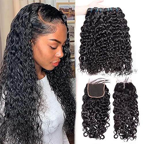 Lemoda Brazilian Water Wave 10A Hair 3 Bundles With 4x4 Free Part Lace Closure 100% Unprocessed Human Hair Extensions Natural Color (12 14 16+10) inches