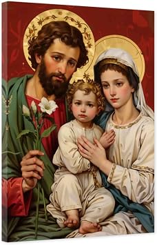 ARTZGX Holy Family Pictures Jesus and Virgin Mary Canvas Catholic Wall Art God Poster Christian Painting for Church Decor FrameRed 12.00" x 18.00"