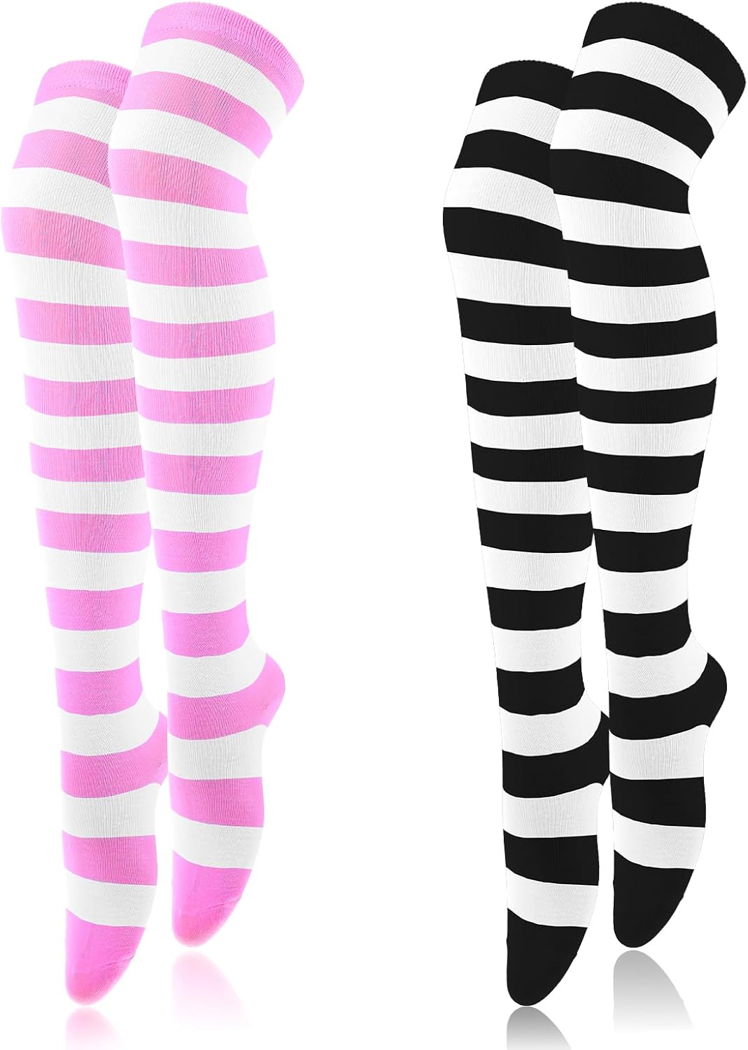 Women Thigh High Socks Striped Over Knee High Stripe Socks Costume Leg Warmers Striped Knee Sock for Halloween Cosplay Christmas Stockings (2 Pair, Black and White, Pink and White)