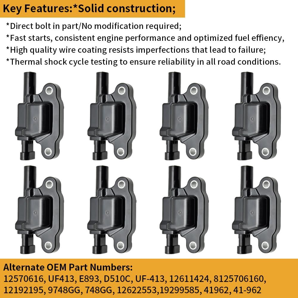 8PCS UF413 Square Ignition Coil Pack & 41-962 Spark Plugs & 48322R Wires Compatible with Buick Allure Chevy Silverado 1500 2500 3500 5.3L V8 Tune Up Kit for Cadillac Escalade #12570616 5C1554