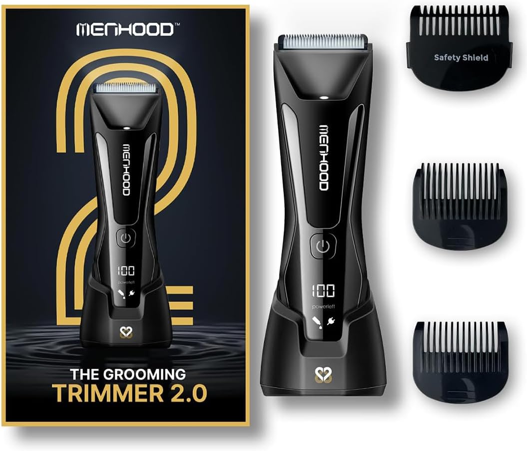 MENHOOD Grooming Trimmer 2.0 – Groin & Body Trimmer for Men with Replaceable Ceramic Blade Heads & IPX7 Water Protection – Snag-Free Ball Shaver with 150-Minute Run Time