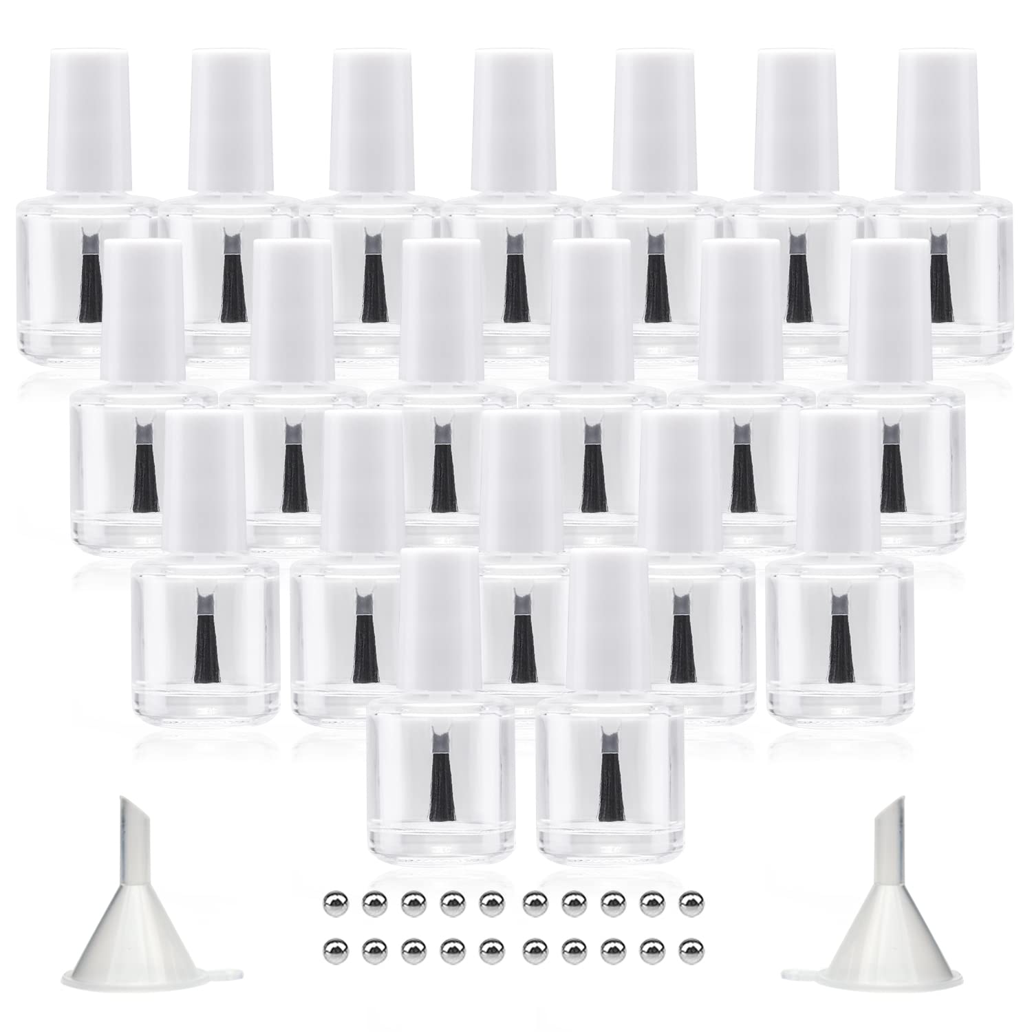 Agidea 20PCS Empty Nail Polish Bottles with Brush White Cap, 10ML Empty Clear Glass Refillable Nail Fingernail Polish Bottles Circle with mixing beads
