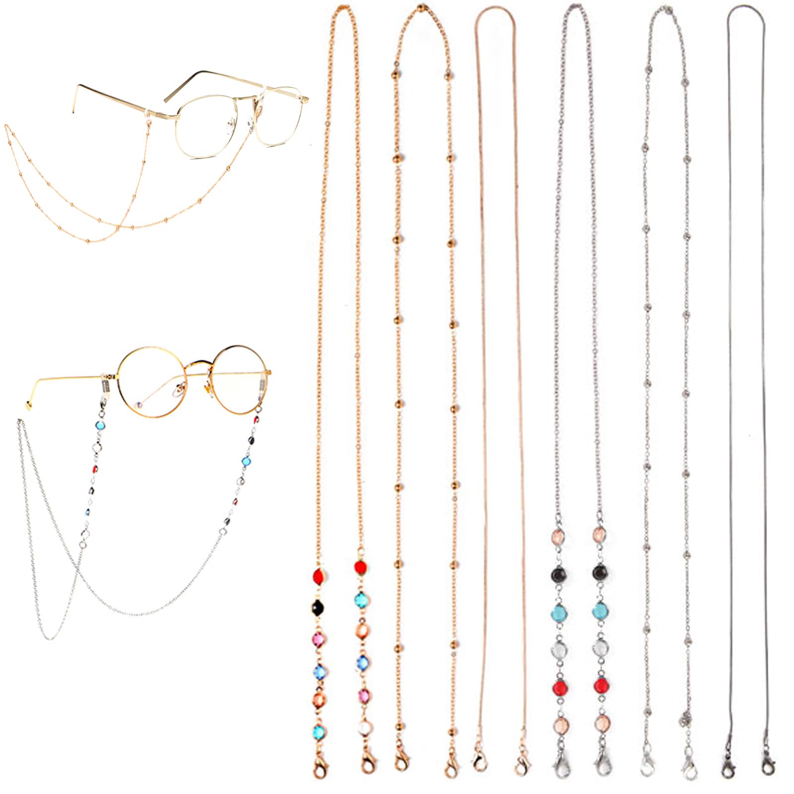 Moseem Cadena para gafas, 6 unidades, para mujer, elegante soporte para gafas, color oro/plata/oro rosado