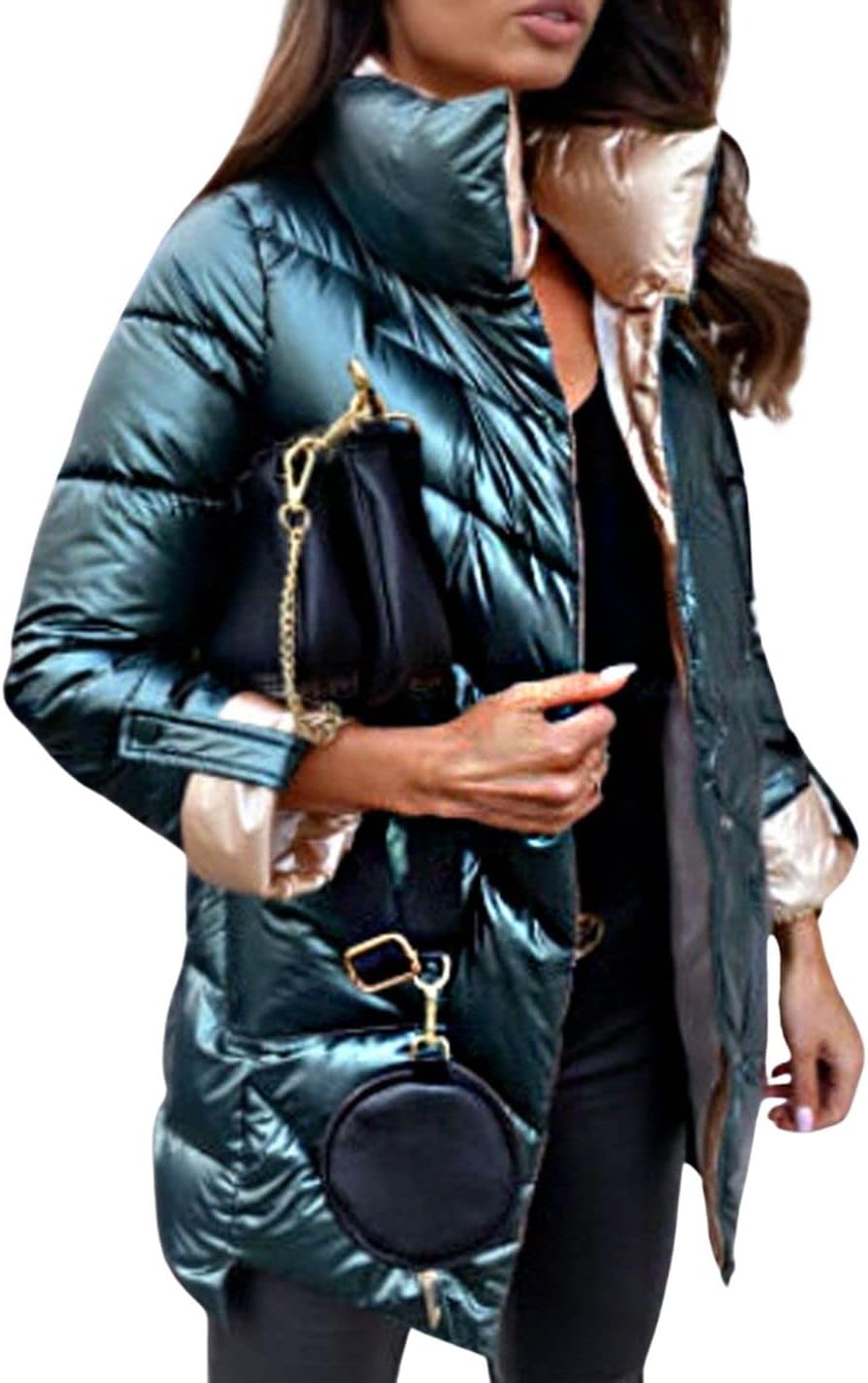 loveimgs Women Insulated Metallic Puffer Jacket Chevron Shiny Padded Bubble Jacket Parka Quilted Down Jacket