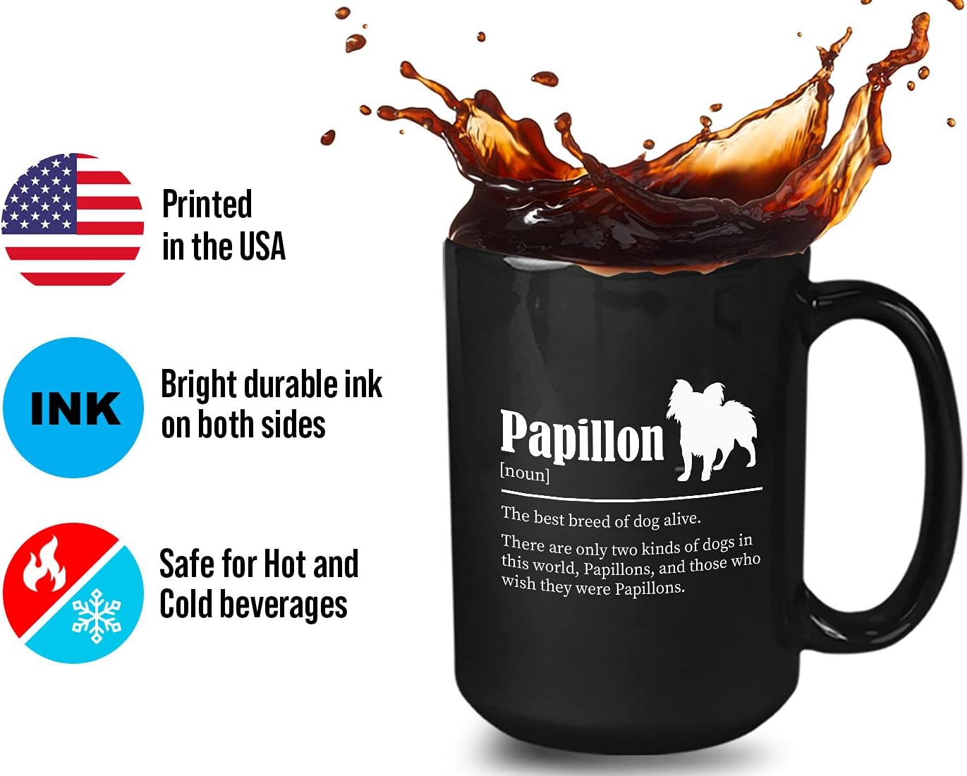 Bubble Hugs Dog Lover Coffee Mug 15oz Black - Papillon - Dog Owner Pet Owner Animal Lover Dog Breed Definition Novelty Sweet Best Pet Pug Dachshund Rottweiler Pomeranian