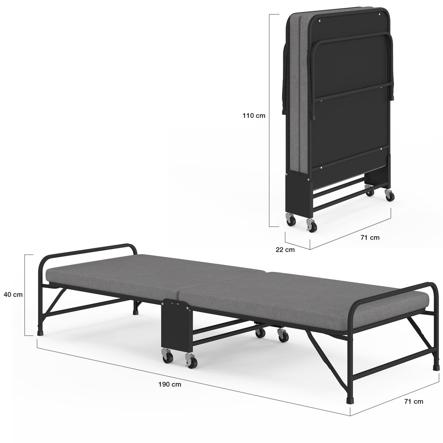 IDMarket - Lit d'appoint Pliant 1 Personne ZAK 70 x 190 cm Gris et Noir
