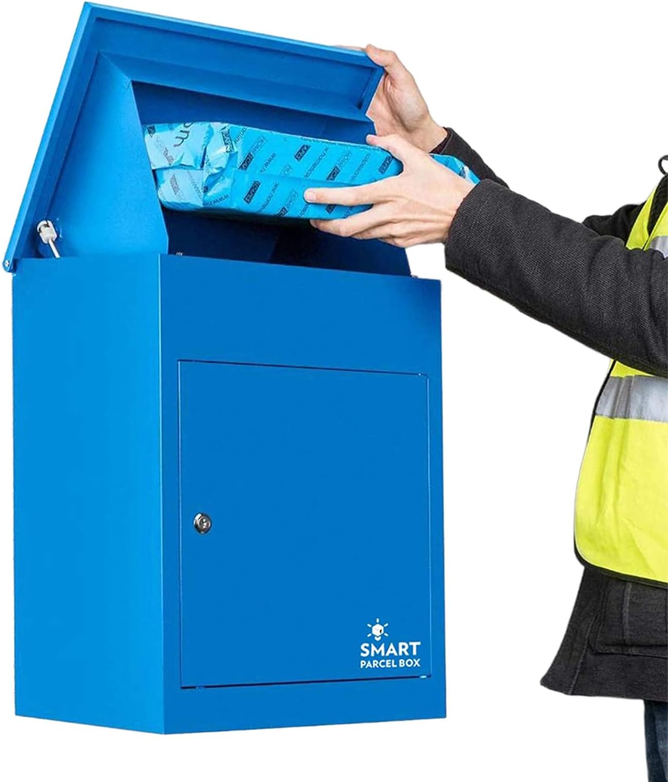 SMART PARCEL BOX Wall Mounted Parcel Box Outdoor, Medium Blue Delivery Box, Secure, Durable Galvanised Steel Weatherproof, Lockable For Post, Multiple Letters & Large Package Drop