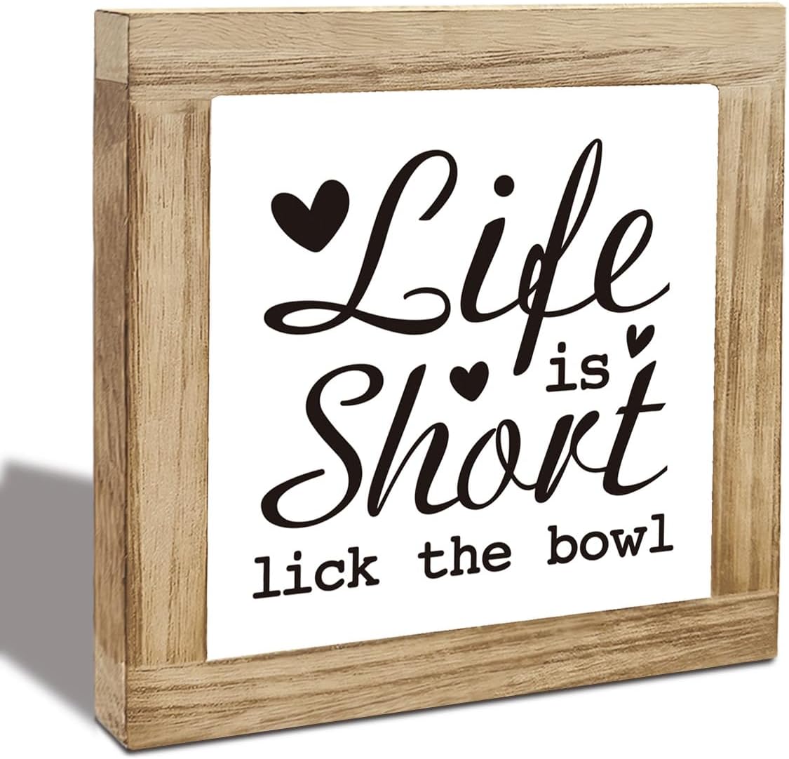 Life is Short Lick the Bowl Sign, Funny Kitchen Shelf Decor, Rustic Wooden Plaques Sign, Kitchen Wooden Block Signs, Farmhouse Home Decor for Shelf Signs