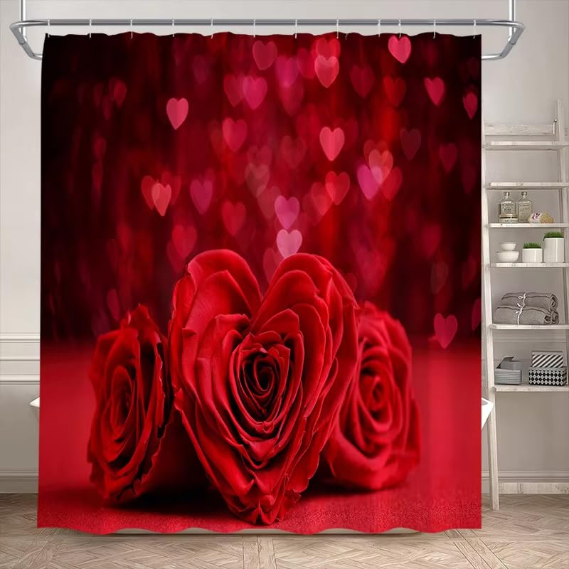 Cortina de Ducha con diseño de Rosas Rojas y Flores Naturales para San Valentín, Moderna Cortina de baño con Ganchos (70 x 140 cm, antimoho).