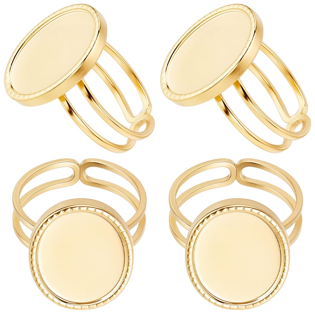 Beebeecraft 1 Box 8Pcs Cabochon Ring Settings 18K Gold Plated 304 Stainless Steel Adjustable Blank Finger Ring Bezels Components Base with Round Tray Pad for Jewelry Making DIY Crafts