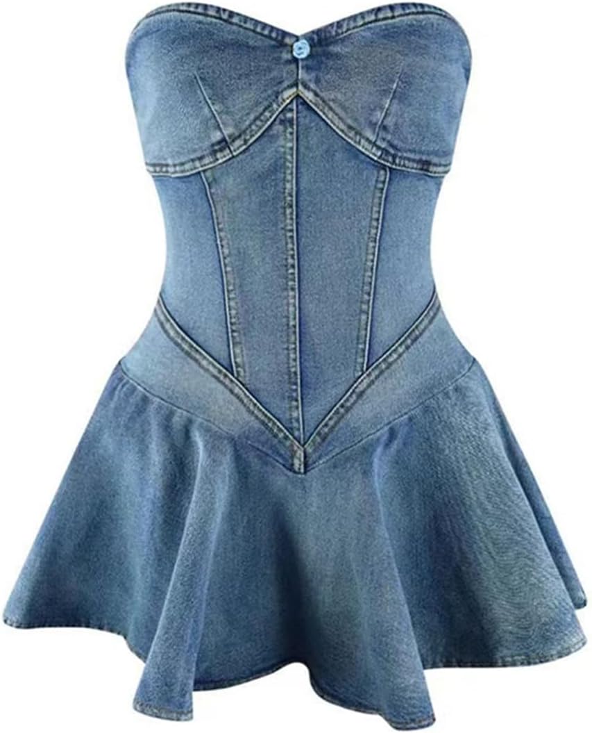 Women's Sexy Strapless Tube A-Line Mini Denim Jean Dress - Image 8
