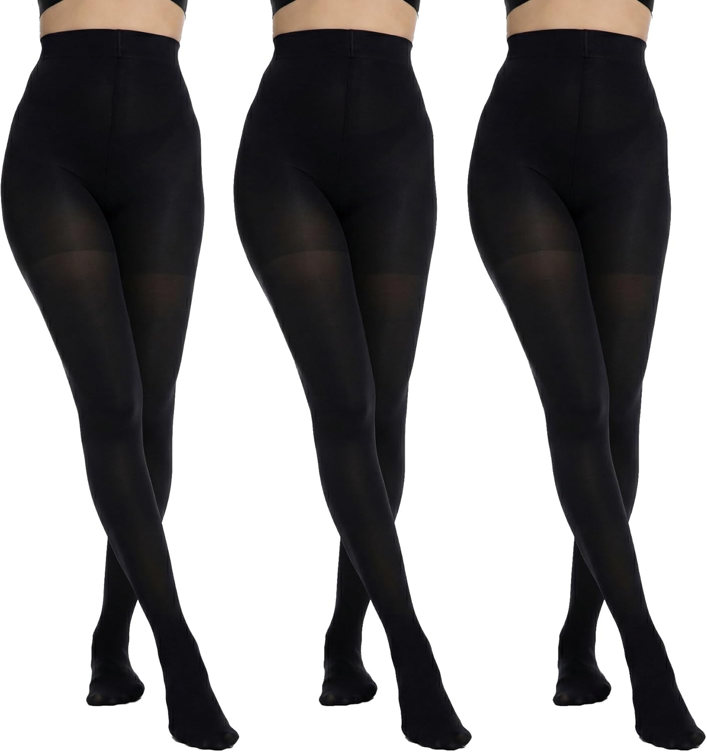 3 Pairs Women's 80 Denier Opaque Soft Tights - Solid Color High Waist Control Top Pantyhose for Women