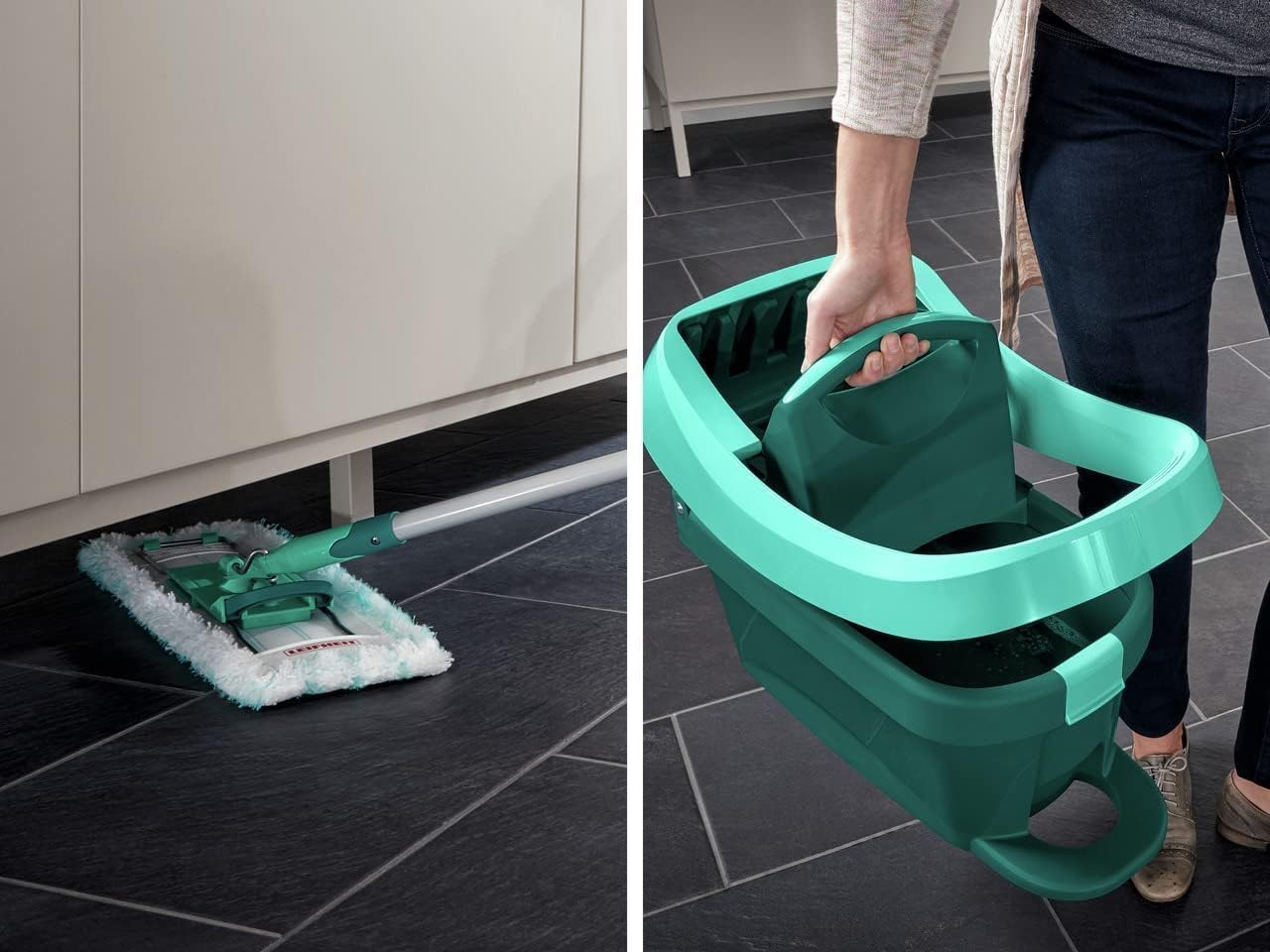 Leifheit Kit Profi XL Essore-housse avec Roulettes et Lave-Sol, housse de rechange incluse, seau et balais-serpillère simples à utiliser avec mécanisme d'essorage intégré