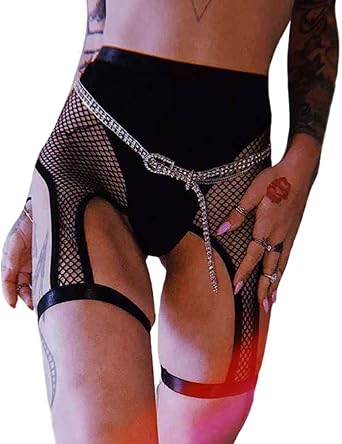 Women Rave Fishnet High Waisted Shorts Briefs Mesh Biker Shorts Garter Belt for Music Festival Events