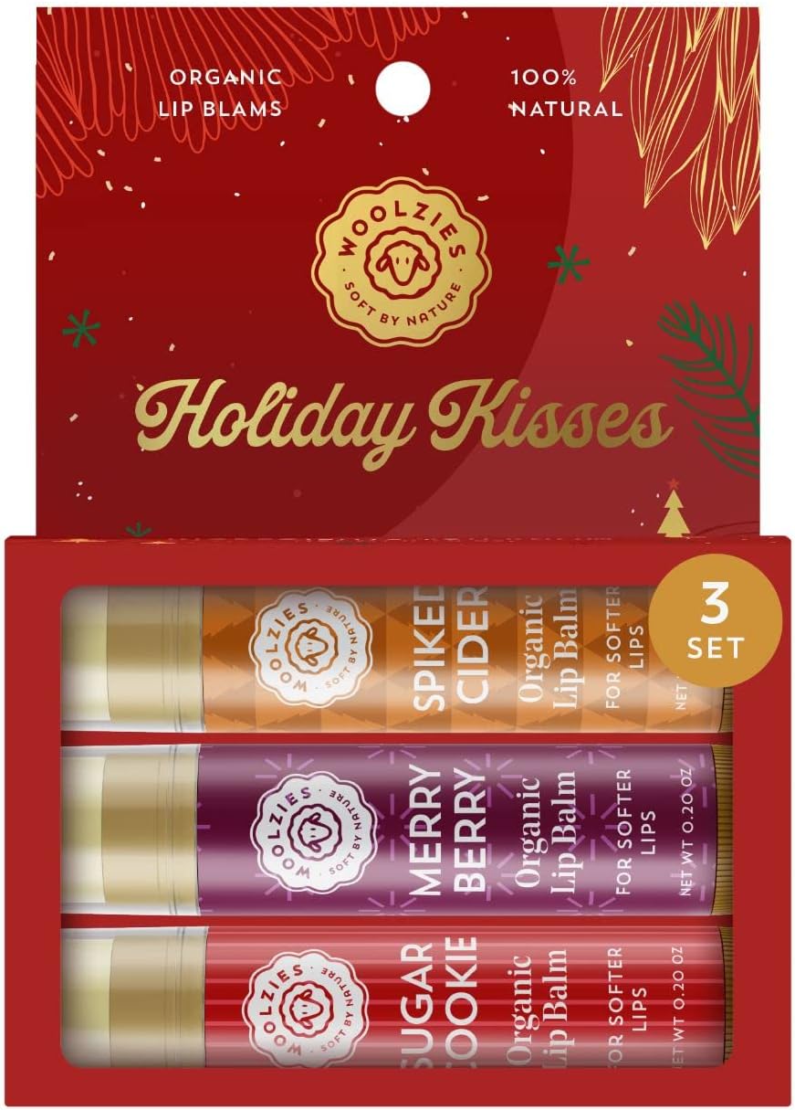 Holiday Lip Balm Set: All-Natural Shea Butter, Beeswax, Coconut Oil, & Vitamin E Infused Lip Care (3 Pack, Holiday Kisses)