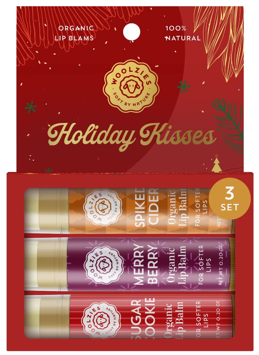 Holiday Lip Balm Set: All-Natural Shea Butter, Beeswax, Coconut Oil, & Vitamin E Infused Lip Care (3 Pack, Holiday Kisses)