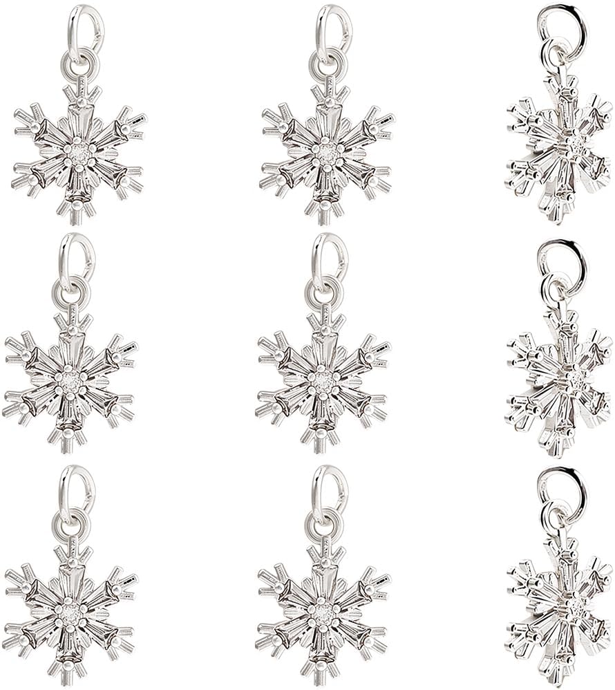 Beebeecraft 1 Box 10Pcs Snowflake Charms Silvery Brass Cubic Zirconia Christmas Snow Dangle Charms for Winter Jewelry Making DIY Crafts Earring Bracelet Necklace