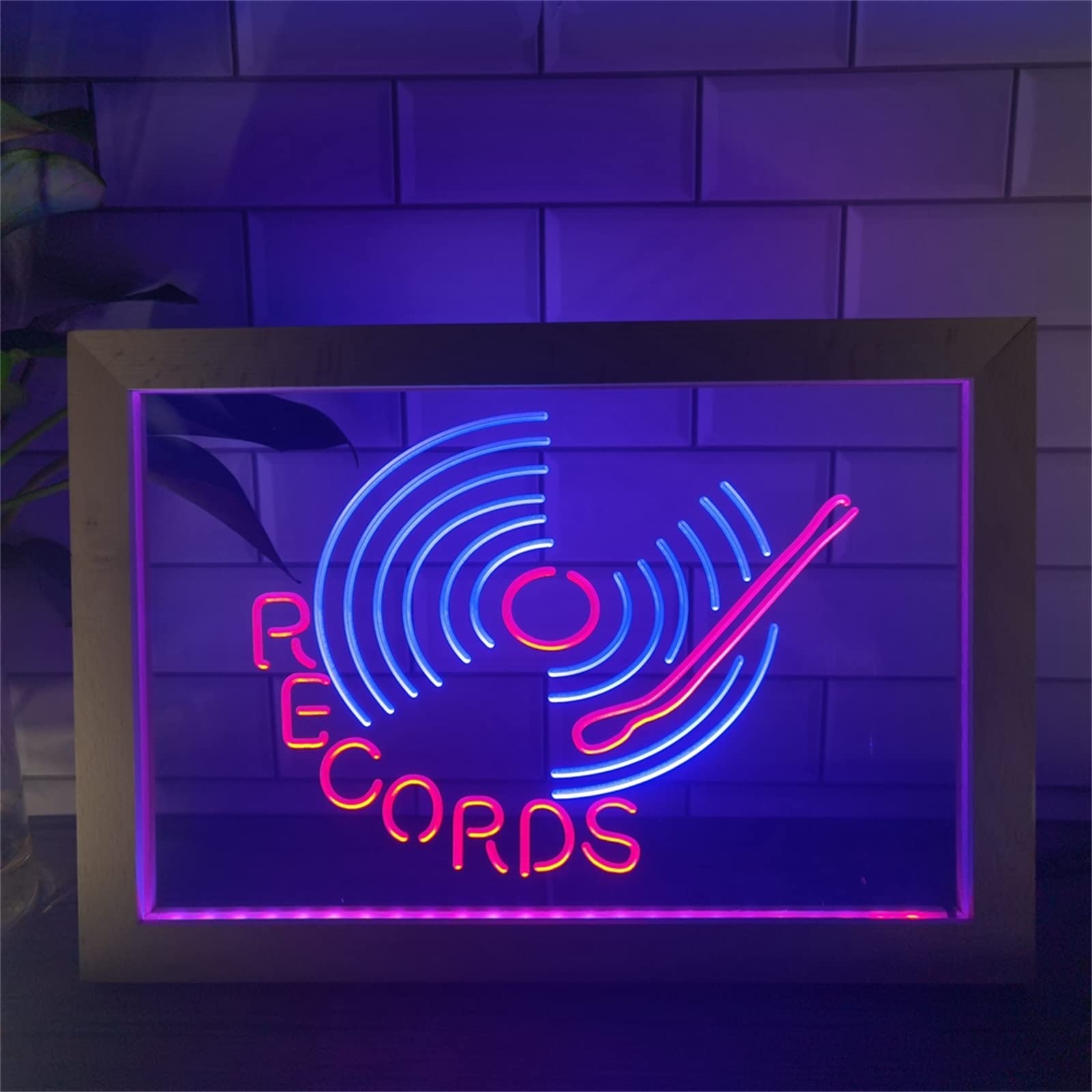 Records gramofon LED neon, bar klubowy USB drewniana ramka na zdjęcia lampa stołowa neony lampki nocne na biurko,Blue red,32x22cm