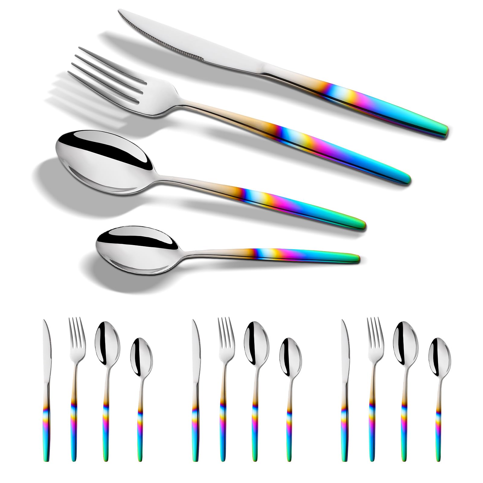 Buyer Star 16-teiliges Regenbogen-Besteckset aus Edelstahl, schillernder Griff, Löffel, Messer und Gabel Sets für 4, elegantes Besteck-Set, Geschirr für den Alltag und spülmaschinenfest