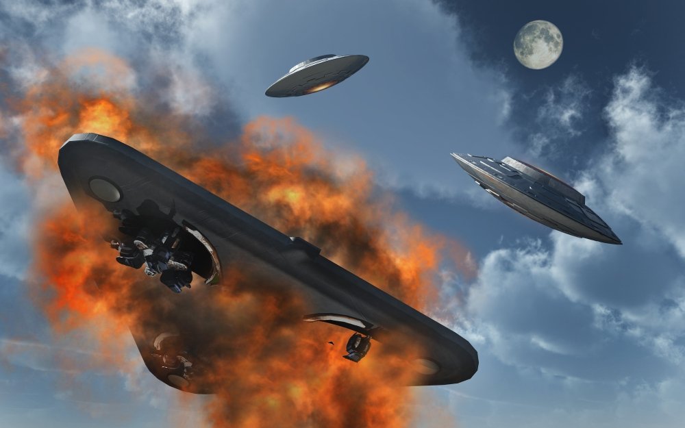 Posterazzi PSTMAS100733SLARGE UFO z różnych ras obcych walczących ze sobą w atmosferze ziemskiej plakat wydruk 36 x 22