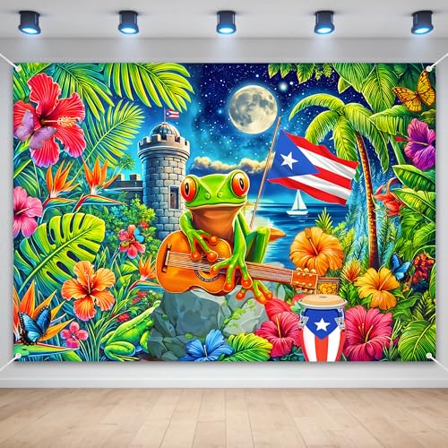 Puerto Rico Flag Backdrop Banner 7x5 FT Large Puerto Rican Frog Hibiscus Castle Background Vibrant Heritage Photo Booth Prop for Cultural Events Festivals and Party Wall Decorations Durable Fabric