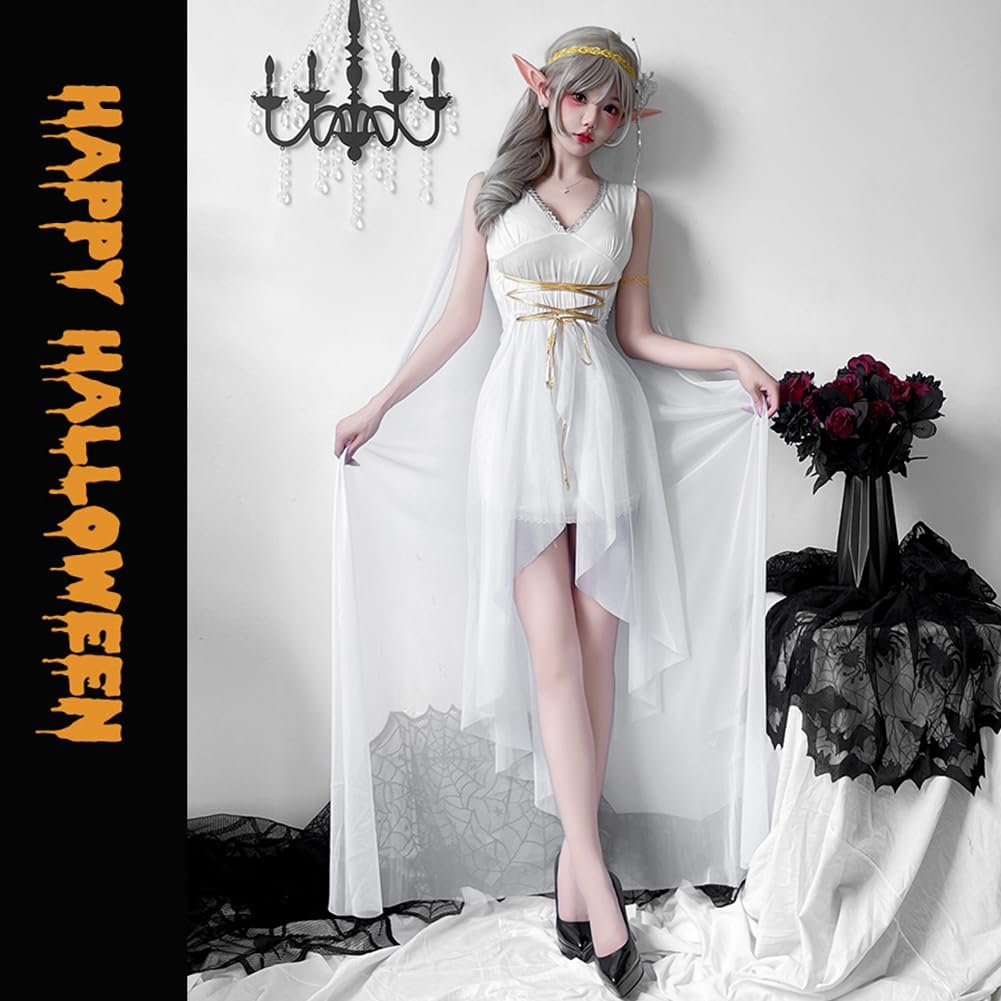 ハロウィン コスプレ衣装 レディース 森 エルフ 4点セット ドレス ベルト フスレット ヘアバンド コスチュー 【雪童子】