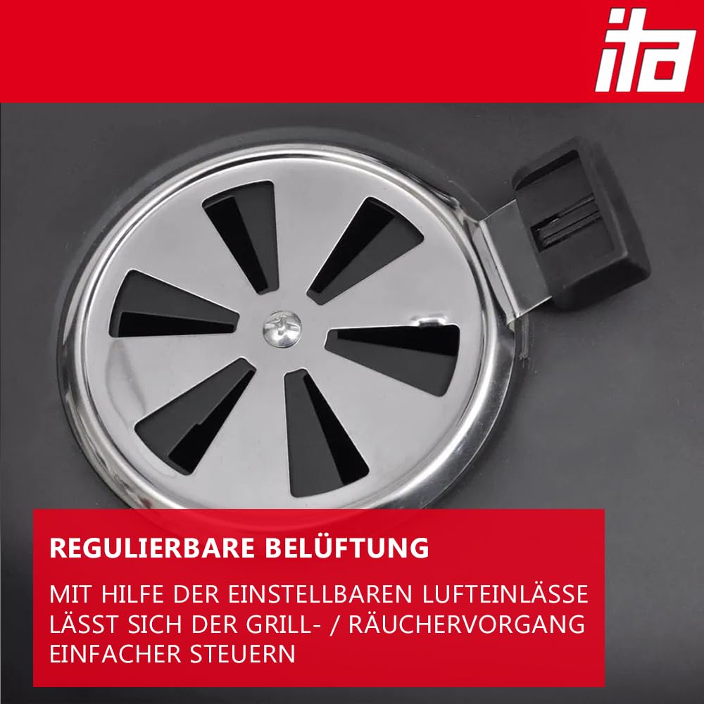 ITA Räuchergrill 3in1 Multifunktional - Grillen, Räuchern, Garen - Modularer Holzkohlegrill Smoker mit Thermometer & regulierbarem Luftabzug am Deckel - Grilltonne Räucherofen