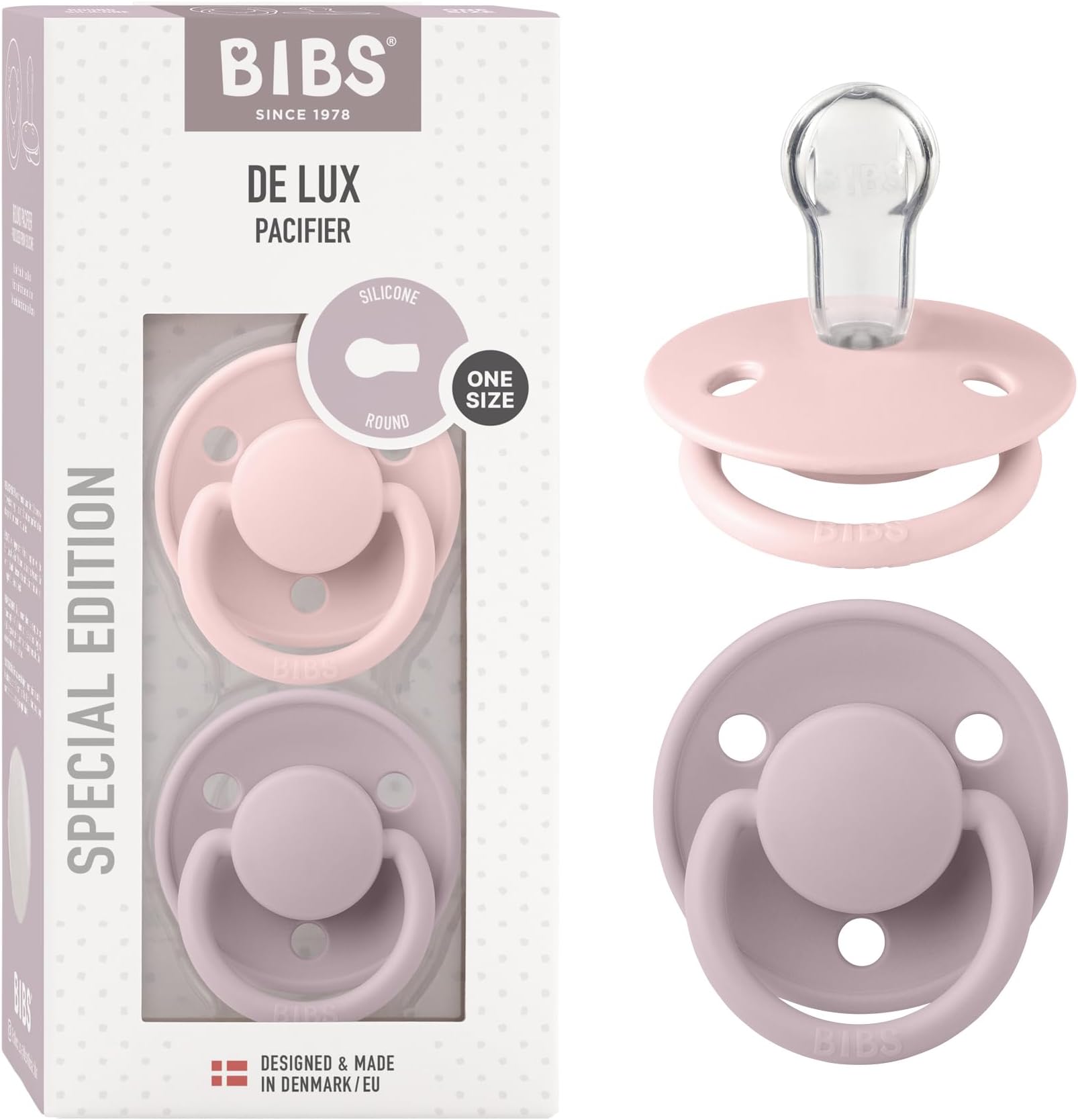 BIBS De Lux Soother 2-Pack, BPA Free Dummy Pacifier, Round Silicone, Made in Denmark. 0-36 Months (Pack of 2), Blossom/Dusky Lilac